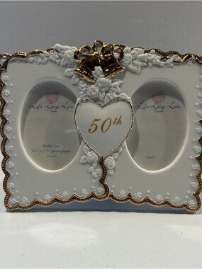 50th Golden Anniversary Gold Accented Picture Frame - Holds Two Cherished Photos